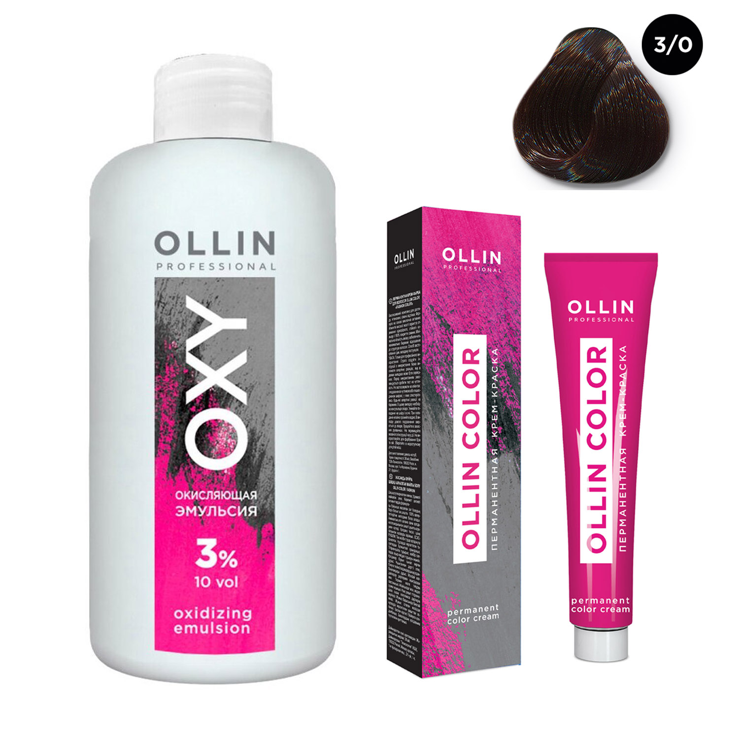 Ollin Professional Набор Перманентная крем-краска для волос Ollin Color оттенок 30 темный шатен 100 мл  Окисляющая эмульсия Oxy 3 150 мл. фото