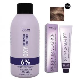 Ollin Professional Набор Перманентная крем-краска для волос Ollin Performance оттенок 734 русый золотисто-медный 60 мл  Окисляющая эмульсия Oxy 6 90 мл. фото