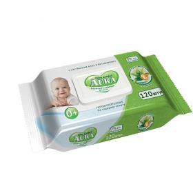 Aura Влажные салфетки для детей Ultra Comfort с экстрактом алоэ и витамином Е 120 шт с крышкой. фото