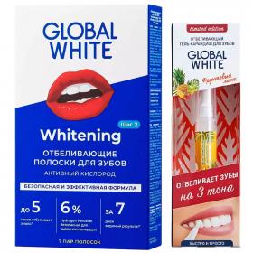 Global White Набор Отбеливающие полоски для зубов Активный кислород 7 дней  Отбеливающий карандаш-апликатор со вкусом фруктов 5 мл. фото