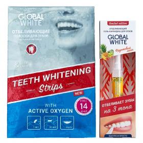Global White Набор Отбеливающие полоски для зубов Активный кислород 14 дней  Отбеливающий карандаш-апликатор со вкусом фруктов 5 мл. фото