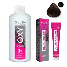 Ollin Professional Набор Перманентная крем-краска для волос Ollin Color оттенок 51 светлый шатен пепельный 100 мл  Окисляющая эмульсия Oxy 3 150 мл. фото