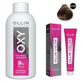 Ollin Professional Набор Перманентная крем-краска для волос Ollin Color оттенок 800 светло-русый глубокий 100 мл  Окисляющая эмульсия Oxy 9 150 мл. фото
