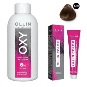 Ollin Professional Набор Перманентная крем-краска для волос Ollin Color оттенок 821 светло-русый фиолетово-пепельный 100 мл  Окисляющая эмульсия Oxy 6 150 мл. фото