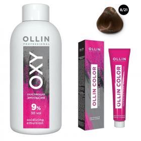 Ollin Professional Набор Перманентная крем-краска для волос Ollin Color оттенок 821 светло-русый фиолетово-пепельный 100 мл  Окисляющая эмульсия Oxy 9 150 мл. фото