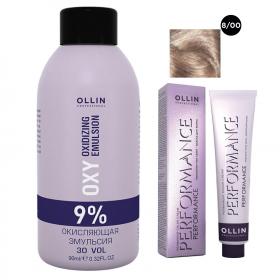 Ollin Professional Набор Перманентная крем-краска для волос Ollin Performance оттенок 800 светло-русый глубокий 60 мл  Окисляющая эмульсия Oxy 9 90 мл. фото