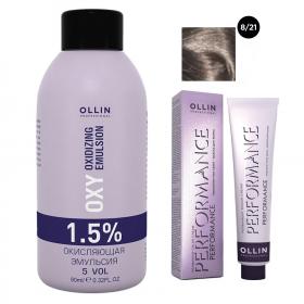 Ollin Professional Набор Перманентная крем-краска для волос Ollin Performance оттенок 821 светло-русый фиолетово-пепельный 60 мл  Окисляющая эмульсия Oxy 1,5 90 мл. фото