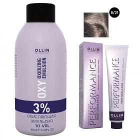 Ollin Professional Набор Перманентная крем-краска для волос Ollin Performance оттенок 821 светло-русый фиолетово-пепельный 60 мл  Окисляющая эмульсия Oxy 3 90 мл. фото