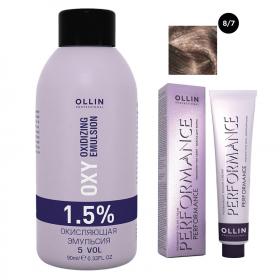 Ollin Professional Набор Перманентная крем-краска для волос Ollin Performance оттенок 87 светло-русый коричневый 60 мл  Окисляющая эмульсия Oxy 1,5 90 мл. фото