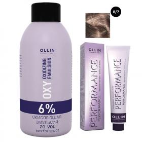 Ollin Professional Набор Перманентная крем-краска для волос Ollin Performance оттенок 87 светло-русый коричневый 60 мл  Окисляющая эмульсия Oxy 6 90 мл. фото