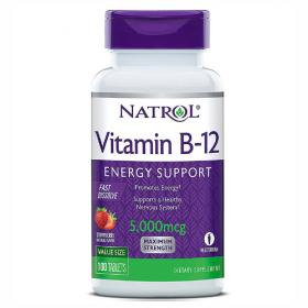 Natrol Витамин B-12 быстрорастворимый со вкусом клубники 5000 мкг, 100 таблеток. фото