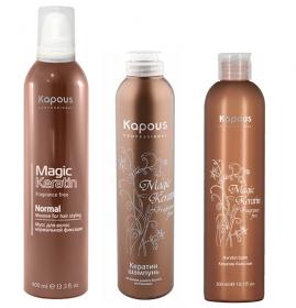 Kapous Professional Набор для волос Magic Keratin шампунь 300 мл  бальзам 300 мл  мусс 400 мл. фото