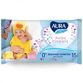 Aura Влажные салфетки для детей Ultra Comfort 0, 15 шт. фото