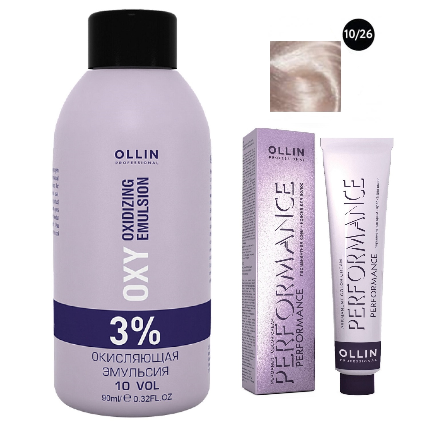 Ollin Professional Набор Перманентная крем-краска для волос Ollin Color оттенок 10/26 светлый блондин розовый 60 мл + Окисляющая эмульсия Oxy 3% 90 мл (Ollin Professional, Performance)