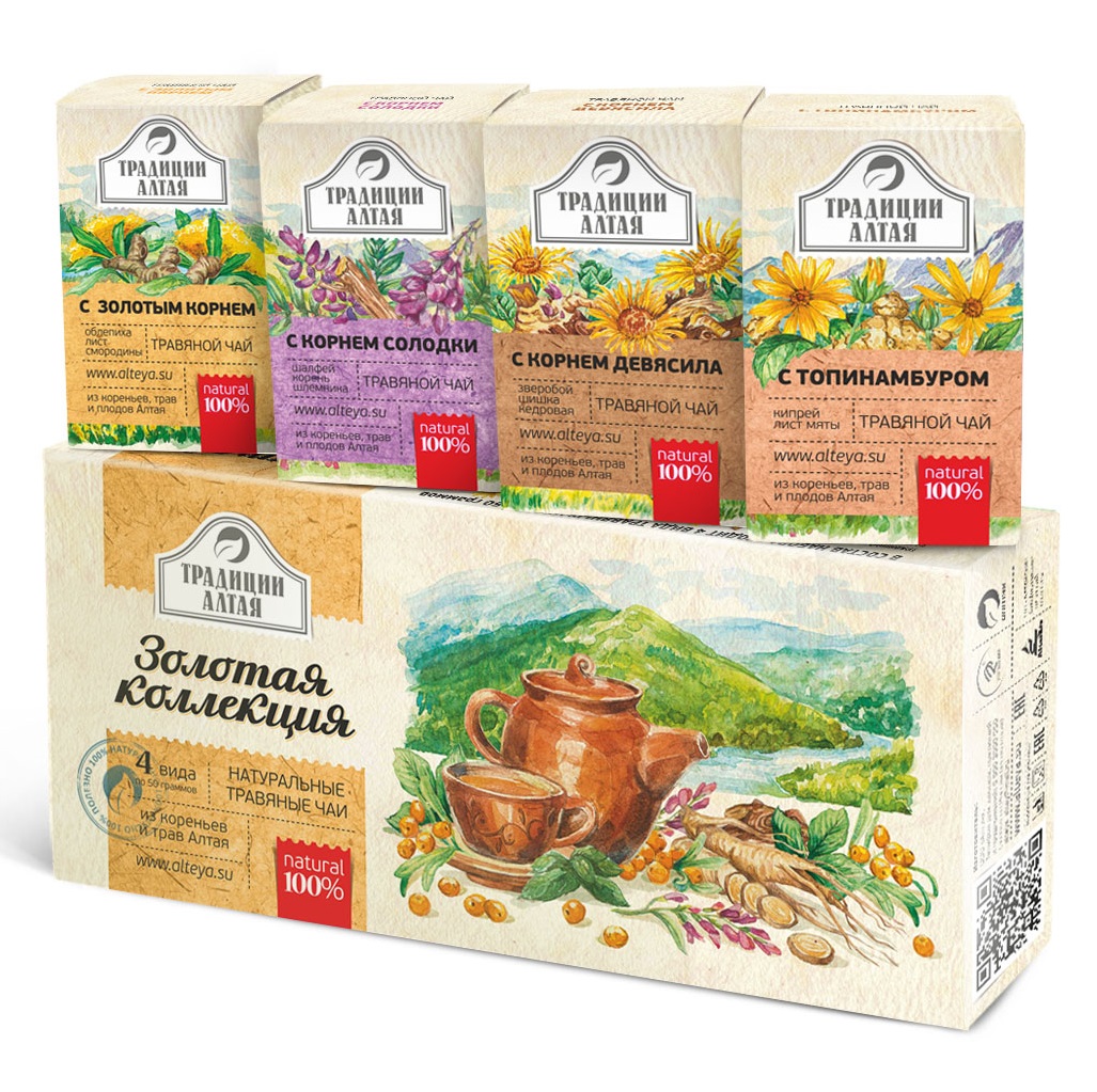 Алтэя Подарочный набор травяных чаев Золотая коллекция, 4 х 50 г (Алтэя, Травяные чаи) чай травяной талисман здоровья общеукрепляющий 20п