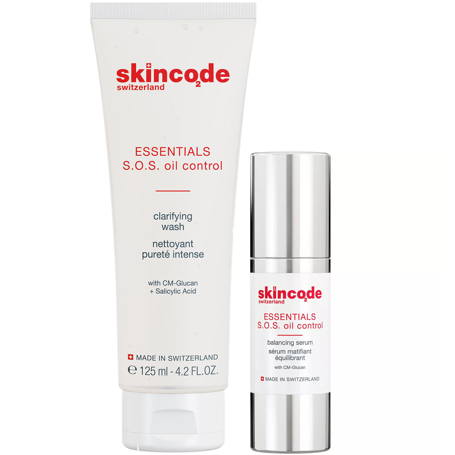Skincode Набор Матирующая сыворотка для жирной кожи, 30 мл + Очищающее средство для жирной кожи, 125 мл (Skincode, Essentials S.0.S Oil Control)