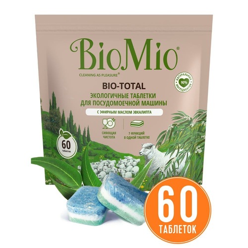 BioMio Экологичные таблетки Bio-Total 7-в-1 с эфирным маслом эвкалипта для посудомоечной машины, 60 шт (BioMio, Посуда)