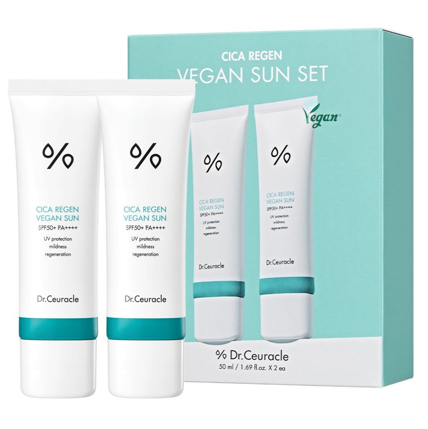 Купить Набор Vegan Sun Set: солнцезащитный веганский крем с центеллой Sun  SPF 50+ PA++++, 2 х 50 мл Dr. Ceuracle Cica Regen: цена и отзывы - Выгодные  наборы - Центр Здоровья Кожи