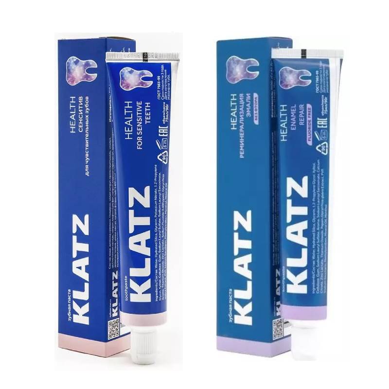 цена Klatz Набор зубных паст Health для укрепления эмали: Реминерализация эмали 75 мл + Сенситив 75 мл (Klatz, Health)