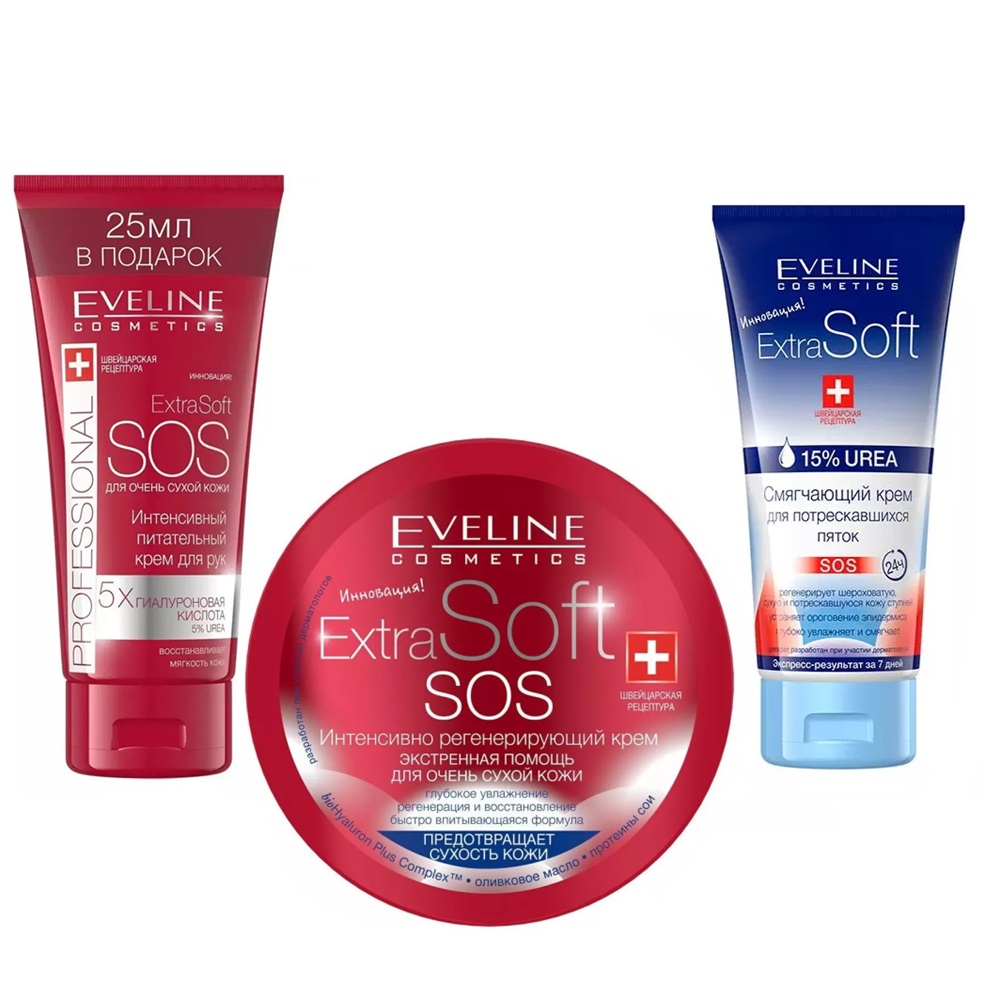 Eveline Cosmetics Набор: крем SOS для рук 100 мл + крем для пяток 100 мл + крем SOS для лица и тела 200 мл (Eveline Cosmetics, Extra Soft)