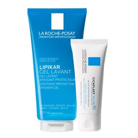 La Roche-Posay Набор для восстановления сухой и склонной к атопии кожи младенцев, детей и взрослых успокаивающий гель для душа 200 мл  мультивосстанавливающий бальзам B5 40 мл. фото