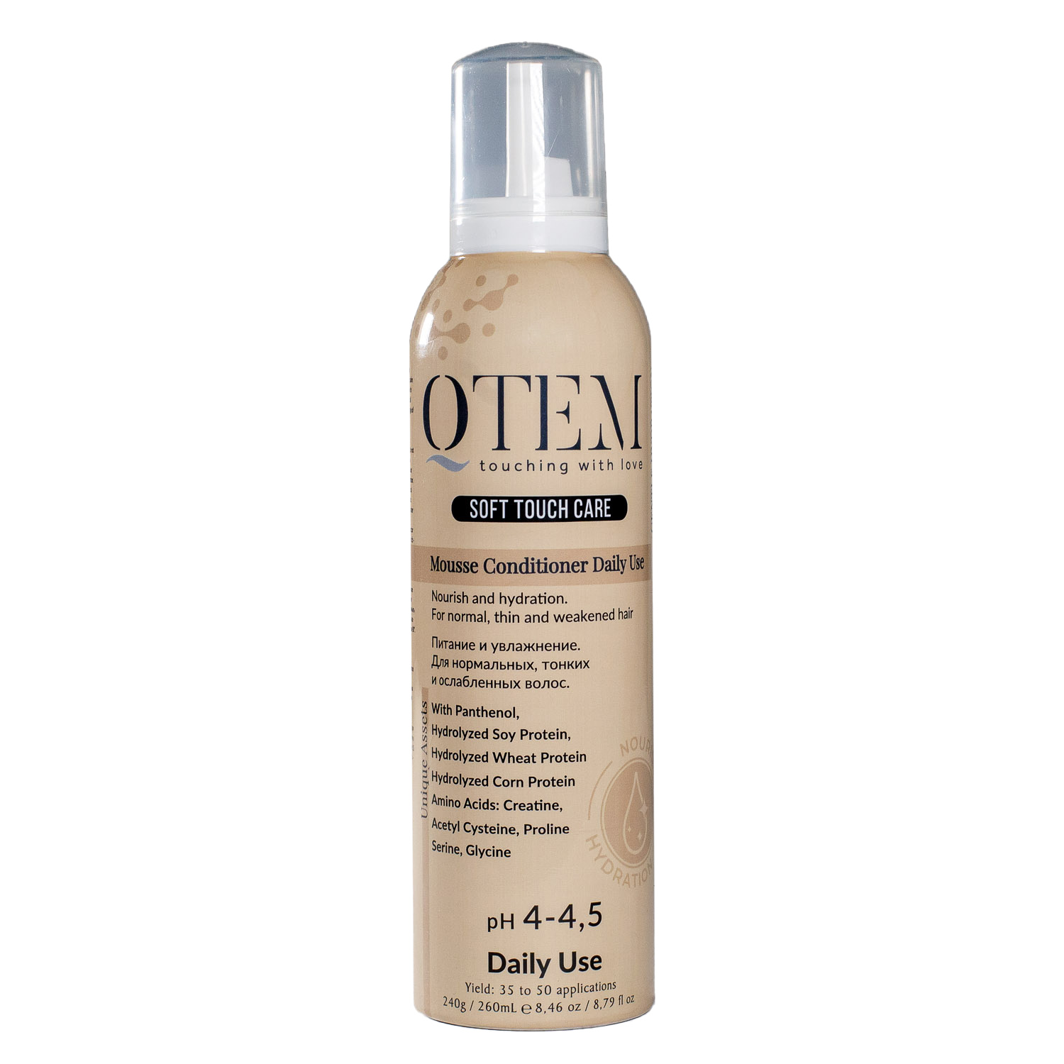 Qtem Протеиновый Мусс-кондиционер для частого применения Питание и увлажнение нормальных, тонких и ослабленных волос, 260 мл (Qtem, Soft Touch Care)